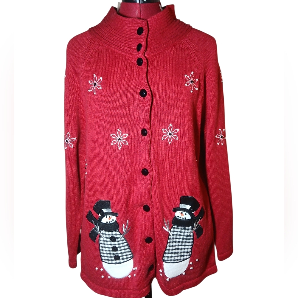 Vintage NEW Mandal Bay Red Snowman Button Up Cardigan Large Sweater NWT